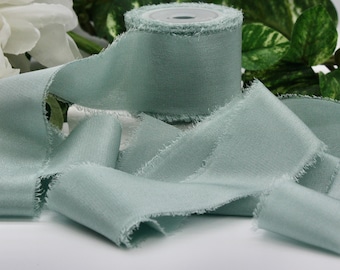 Jadeite Frayed Silk Ribbon 1.25 - 2"wide BY THE YARD, Pantone Jadeite
