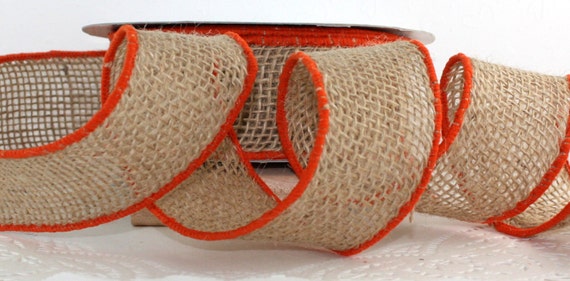 Wired Burlap Ribbon/orange Border 2 Wide by the Yard 