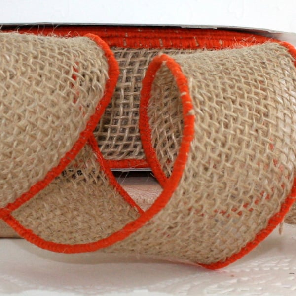 Wired Burlap Ribbon/Orange Border 2” wide by the yard