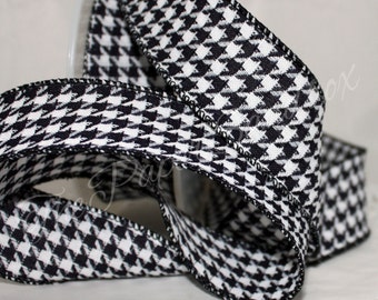 Black/White Wired Houndstooth Ribbon 1.5” wide by the yard