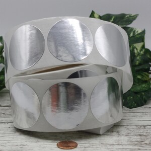 May include: Two rolls of silver metallic circle stickers. The stickers are on a white backing and are partially unrolled, revealing the shiny surface. A penny is at the bottom of the image, providing a size reference. Green foliage is in the background.
