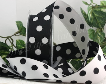 Black/White Polka Dot Ribbon 1.5” wide by the yard, Reversible Ribbon
