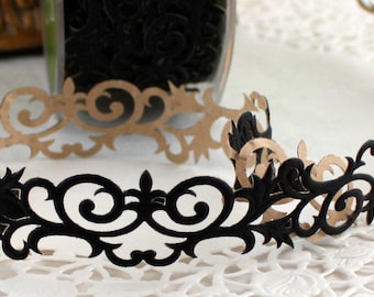 Black Fleur de Lis Stick on Ribbon Trim 7/8" wide by the yard, Adhesive Ribbon