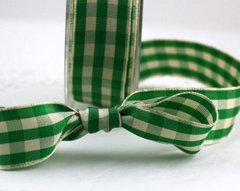 Green/Ivory Gingham Check Ribbon 7/8” wide BY THE YARD