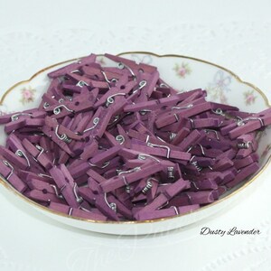 May include: A collection of small, dusty lavender wooden clothespins with silver-colored metal springs, filling a decorative, floral-patterned bowl. The bowl has a gold rim and the text "Dusty Lavender" is visible.