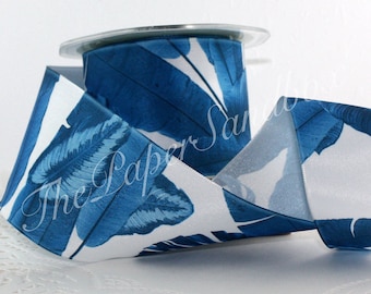 Wired Blue Tropical Palm Leaves Ribbon 2.5” wide BY THE YARD