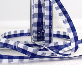 Blue and White Mini Buffalo Plaid Ribbon 3/8” wide by the yard