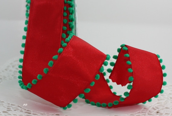 Pom Pom Edge Wired - Red and Green - Ribbon - 1 1/2 inch - 1 Yard