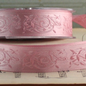 Dusty Rose Embroidered Satin Ribbon 7/8” wide by the yard