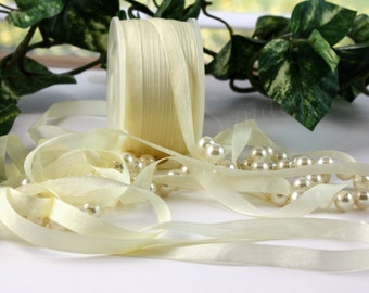 Ivory Silk Ribbon 1/4” wide BY THE YARD, Hand Dyed Silk, Ivory Ribbon