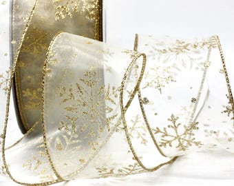 Wired Sheer Gold Snowflake Ribbon 2.5" wide BY THE YARD