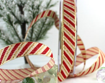 Red/Gold Stripe Ribbon 5/8" wide BY THE YARD, Candy Cane Striped Ribbon