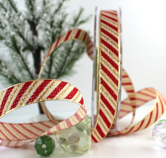Red/Gold Stripe Ribbon 5/8 wide by the yard Candy Cane | Etsy