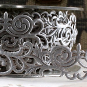 Silver Fleur de Lis Stick on Ribbon Trim 7/8” wide by the yard, Adhesive Ribbon