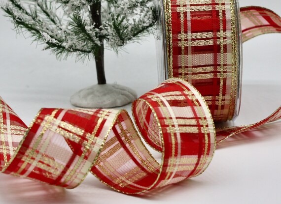 Wired Red Gold Plaid Christmas Ribbon 1.5