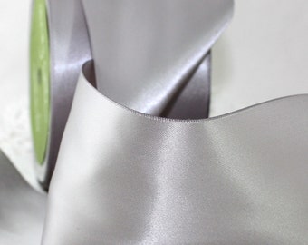 Wide Gray Satin Ribbon 2.5” wide by the yard, Double Faced Swiss Satin Ribbon