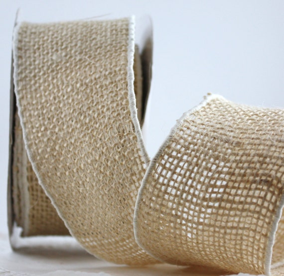 Wired Burlap Ribbon/White Border 2 wide BY THE YARD