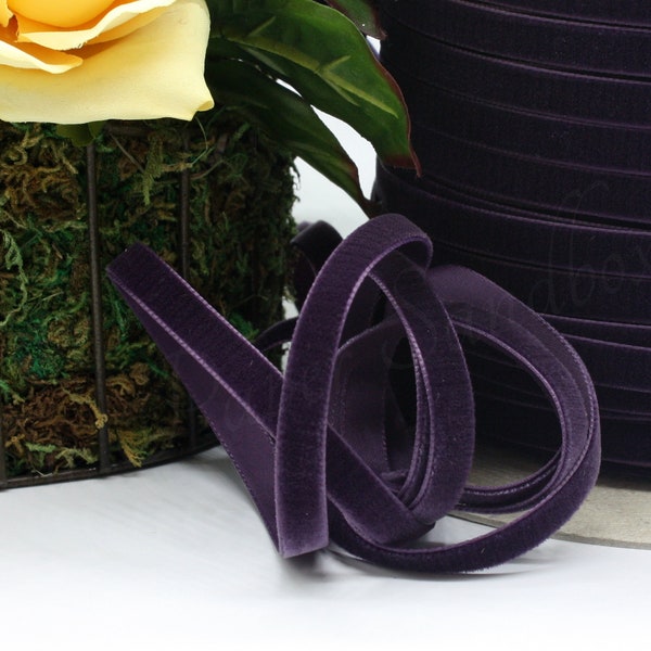 Eggplant Velvet Ribbon 3/8"- 5/8" wide BY THE YARD, Deep Purple Velvet