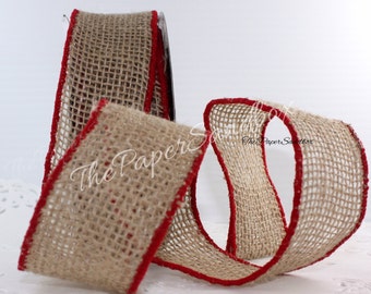 Wired Burlap Ribbon/Red Border 2” wide BY THE YARD