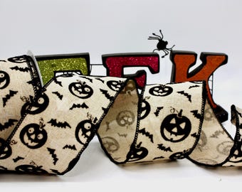Wired Halloween Ribbon Flocked Pumpkins/Bats Ribbon 2.5" wide BY THE YARD