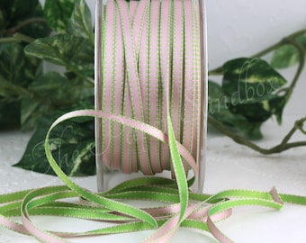 2 yd Pink/Green Reversible Satin Ribbon 3/16 inch wide