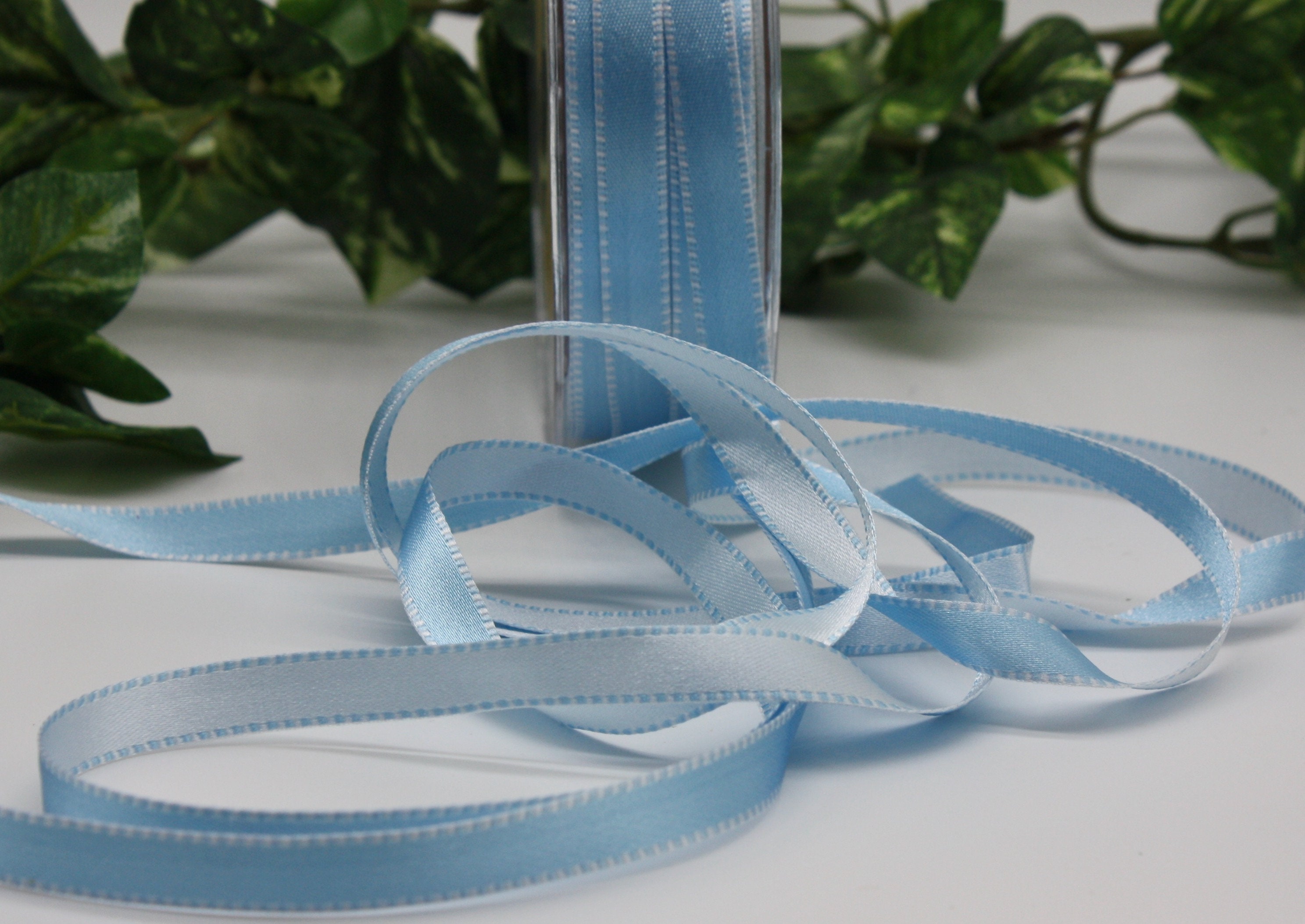 Light Blue White Reversible Satin Ribbon 3/8” wide BY THE YARD