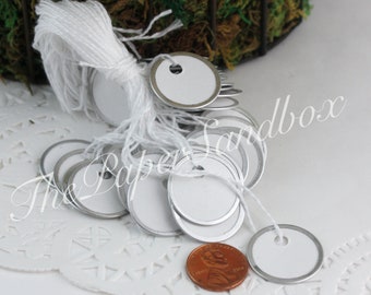 50 Metal Rim White Tags 1.25 inch Round, Mini Round White Tags, Small White Round Gift Tags