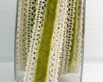 Olive Green Velvet & Crochet Lace Ribbon 1.5" wide by the yard, Chartreuse Ribbon