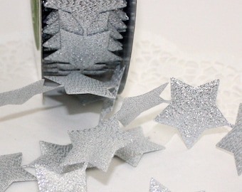 Silver Star Ribbon Trim 1.5” wide by the yard, Large Fabric Stars