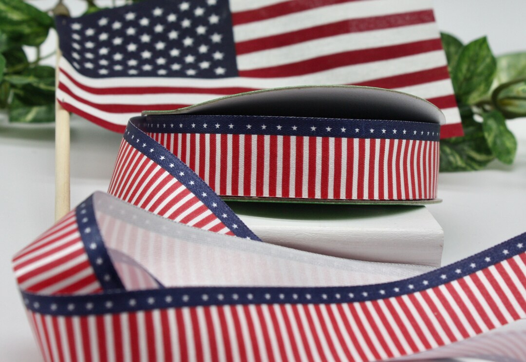 Flag Ribbon Small Flag Pattern Satin Ribbon, Patriotic Ribbon 7/8