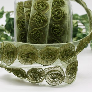 Sheer Dark Moss Green Rose Ribbon 1.5" wide BY THE YARD