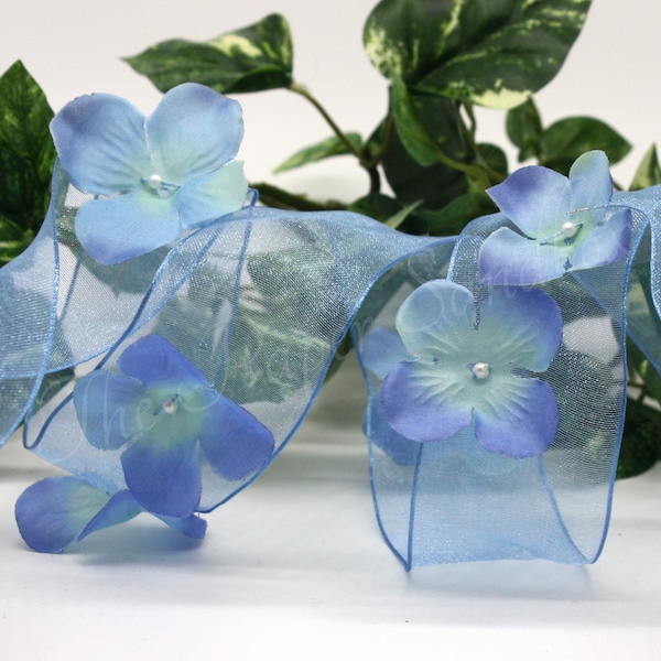 Wired Sheer Blue Floral Ribbon  1.5” wide BY THE YARD