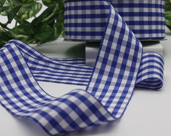 Cobalt Blue/White Gingham Check Ribbon 1.5" wide BY THE YARD