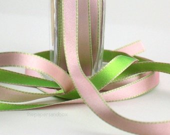 Pink Green Reversible Satin Ribbon 3/8” wide