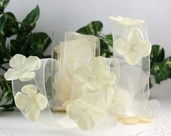 Wired Sheer Ivory Floral Ribbon  1.5" wide