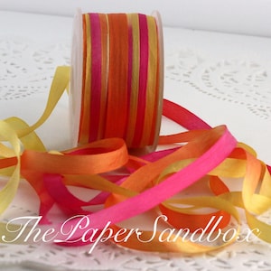 Hot Pink/Orange/Yellow Tie Dyed Silk Ribbon 1/4&quot;- 1.25&quot; wide by the yard Hand Dyed Silk
