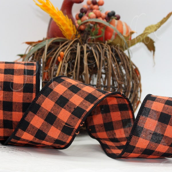Wired Orange/Black Buffalo Plaid Ribbon 2.5” wide