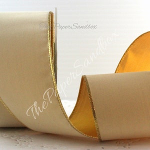 Wired Ivory/Gold Velvet Ribbon 2.5” wide BY THE YARD