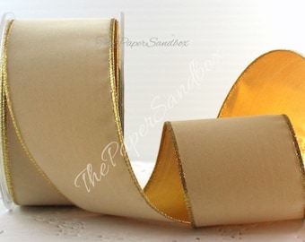 Wired Ivory/Gold Velvet Ribbon 2.5” wide BY THE YARD