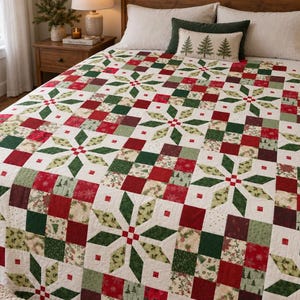 May include: A bed quilt featuring a repeating patchwork pattern of red, dark green, and cream squares. The design incorporates large eight-pointed star motifs constructed from green and cream fabric, interspersed with solid red and patterned squares.