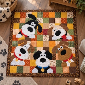 May include: A square patchwork quilt featuring a grid of multicolored fabric squares in shades of orange, yellow, brown, and green. Four cartoon dog appliqués with large eyes and collars are stitched onto the quilt surface in a repeating pattern.