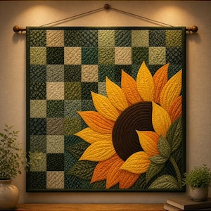 May include: A quilted wall hanging featuring a large sunflower design. The sunflower has yellow and orange petals with a dark brown center. The background is a patchwork of green, tan, and cream squares. The piece is framed in a dark green border and hung from a wooden rod.