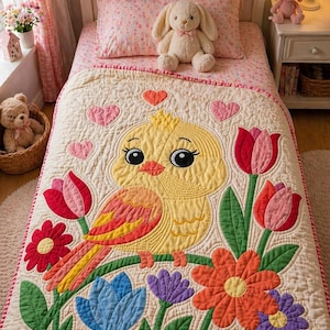 May include: A quilted bedspread with a cheerful bird and floral design. The bird is yellow with orange and red accents, perched on a branch with colorful flowers. Pink hearts are scattered across the cream-colored background.