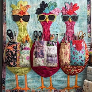 May include: A colorful, quilted wall hanging featuring three whimsical chicken figures wearing sunglasses and elaborate headpieces. Each chicken has a patchwork pocket filled with craft supplies. The background is a light blue with a quilted texture.