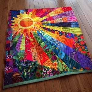 May include: A vibrant, handmade quilt featuring a sunburst design. The quilt showcases a large yellow sun with radiating rays in a spectrum of colors, including red, orange, green, and purple. The lower portion depicts a garden with flowers and foliage. The quilt is bordered with a green trim.