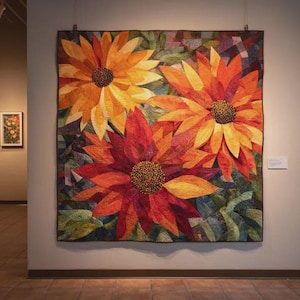 May include: A large, colorful quilt featuring three oversized sunflowers in shades of orange, yellow, and red. The quilt has a dark green background with leaf and geometric patterns. The sunflowers have detailed centers and petal designs, creating a vibrant floral artwork.