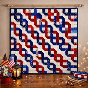 May include: A patriotic quilt with a repeating chain design in red, white, and blue. The quilt is displayed on a wall, with a wooden rod at the top. The scene includes American flags, a lantern, and decorative stars.