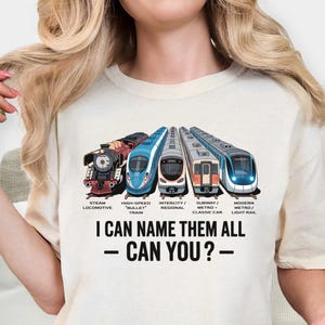 May include: Cream-colored t-shirt featuring illustrations of various train types, including a steam locomotive and a high-speed bullet train. The text "I CAN NAME THEM ALL - CAN YOU?" is printed below the train graphics.