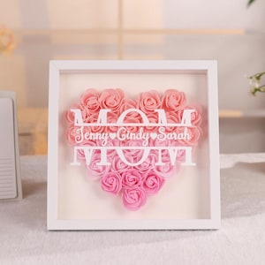 Personalized Flower Heart Shadow Box for Mother&#39;s Day, Custom Flower Shadowbox with Names, Custom Rose Frame Gift for Mom, Grandma Nana