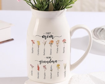 Personalized Birth Flower Vase, First Mom Now Grandma Gift